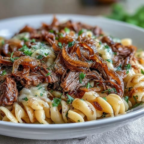 Slow cooker French onion pot roast pasta with tender beef and caramelized onions in a savory gravy, served over buttery egg noodles.  