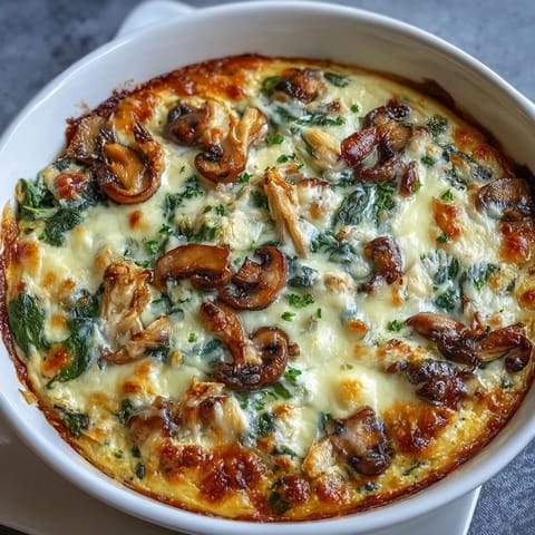 Creamy chicken, spinach, and mushroom casserole with melted mozzarella and parmesan cheese in a low-carb oven dish.