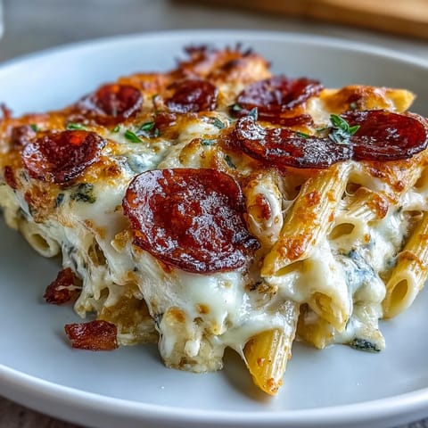 High-protein pizza pasta bake with lean beef, pepperoni, and creamy yogurt sauce baked until golden and bubbly.  