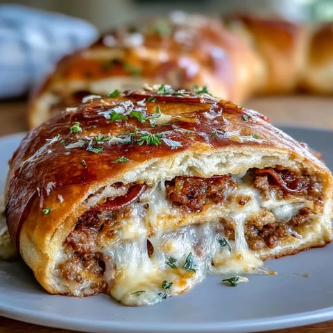 Baked high-protein pepperoni stromboli with golden crust, melted mozzarella, and savory beef filling, ready to slice and serve.
