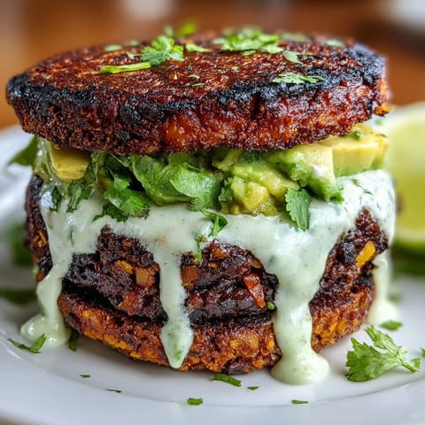 1. Vegan sweet potato black bean burgers topped with creamy avocado lime sauce and fresh lettuce on a toasted bun.