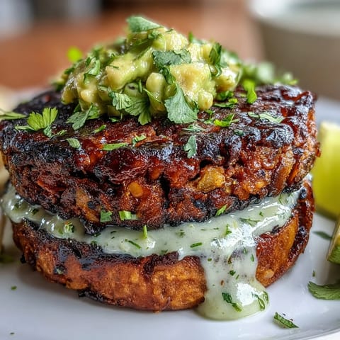 2. Hearty plant-based burgers featuring roasted sweet potatoes and black beans, served with zesty avocado lime dressing.