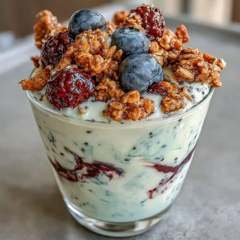 Protein-packed Greek yogurt berry parfait with granola crumble, perfect for a satisfying and nutritious morning meal.