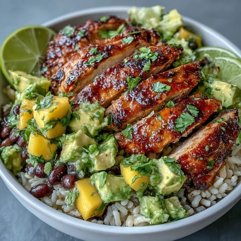 Colorful Mango Avocado Salsa Chicken Bowls with Brown Rice and Black Beans, featuring creamy avocado, black beans, and zesty lime.  