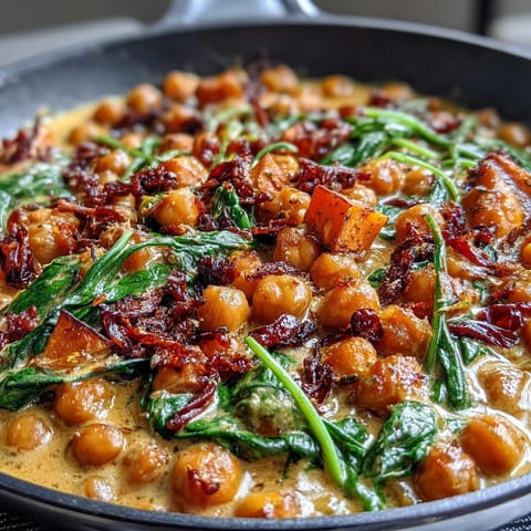 Creamy Coconut Curry Chickpea Skillet with Sweet Potatoes and Spinach in a fragrant sauce.
