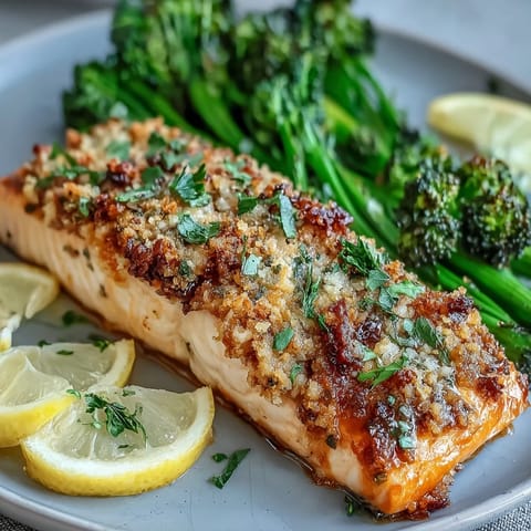 Keto garlic parmesan salmon with roasted broccoli and lemon wedges on a baking sheet, golden crust glistening under oven light.