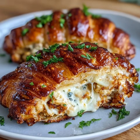 Decadent Chicken Pillows with Garlic Parmesan Sauce: golden baked crescents filled with creamy chicken and cheese, brushed with buttery garlic Parmesan topping.