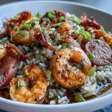 Fluffy long-grain rice tossed with andouille sausage, plump shrimp, and the classic Cajun holy trinity of vegetables.  