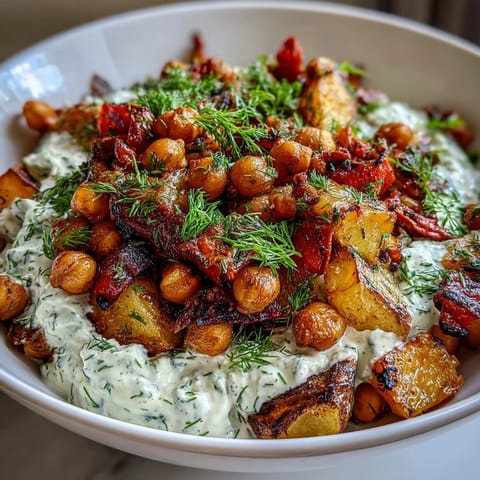 Wholesome roasted vegetables and chickpeas served over rich, protein-packed tzatziki in a vibrant Mediterranean bowl.  