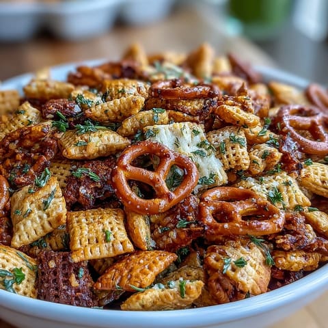 Crispy dill pickle Chex Mix snack blend with savory seasoning and crunchy pretzels, perfect for movie night or game day parties.  