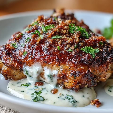 Golden zaatar-spiced chicken thighs roasted to perfection, drizzled with creamy tahini-garlic sauce and garnished with fresh parsley.  