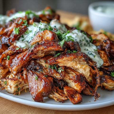 Juicy marinated chicken shawarma slices with creamy garlic sauce and fresh vegetables on pita bread.  