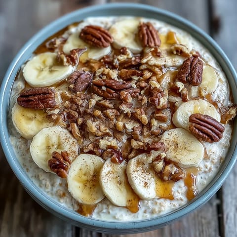 Wholesome overnight oats with mashed banana, cinnamon, and crunchy walnuts, perfect for a quick and healthy breakfast.