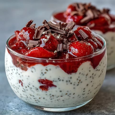 Layered strawberry yogurt chia pudding topped with dark chocolate shavings, perfect for a healthy breakfast or light dessert.