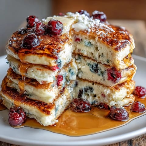 Golden-brown cottage cheese pancakes studded with fresh berries, offering a protein-packed start to your day with wholesome ingredients.