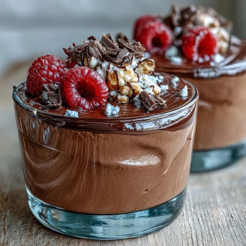 High-Protein Chocolate Cottage Cheese Mousse Cups with fresh berries and chocolate shavings, a creamy protein-packed dessert in elegant serving cups.