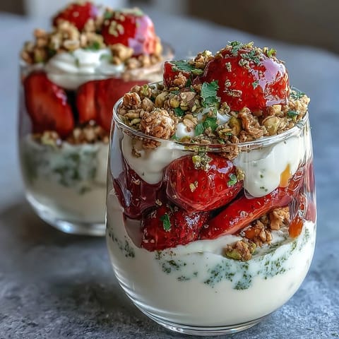 Vibrant pistachio and strawberry breakfast parfait with layers of creamy yogurt, fresh berries, and crunchy granola in a glass jar.