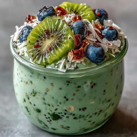 Vibrant matcha overnight oats with coconut and chia seeds in a glass jar, topped with fresh kiwi slices and shredded coconut.