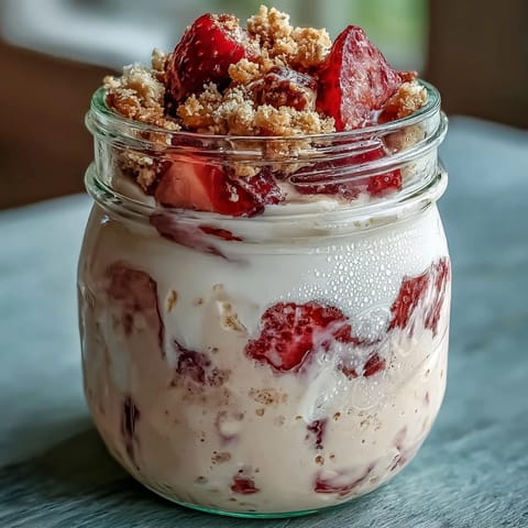 Layered mason jar breakfast featuring strawberry cheesecake overnight oats with graham cracker topping.  