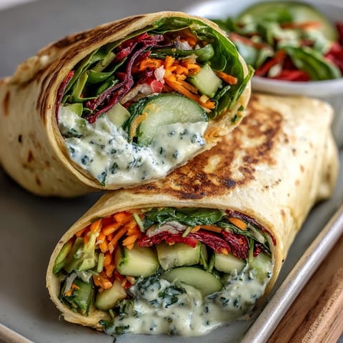 Bright veggie wraps filled with crunchy carrots, cucumber, and bell pepper, drizzled with creamy lemon aioli and feta cheese.