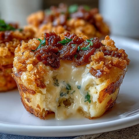 Creamy funeral potatoes baked into golden muffin cups, topped with crunchy cornflake crust and melted cheddar cheese.  