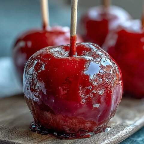Shiny red candy-coated apples with a crunchy shell, ideal for Halloween treats or carnival-themed celebrations.