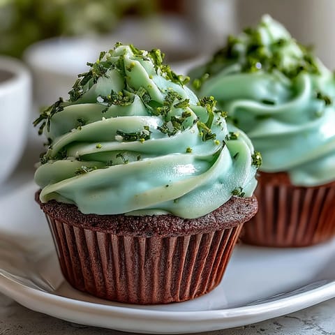 Soft, moist green velvet cupcakes topped with swirls of creamy vanilla frosting, ideal for bringing a touch of Irish charm to any party.