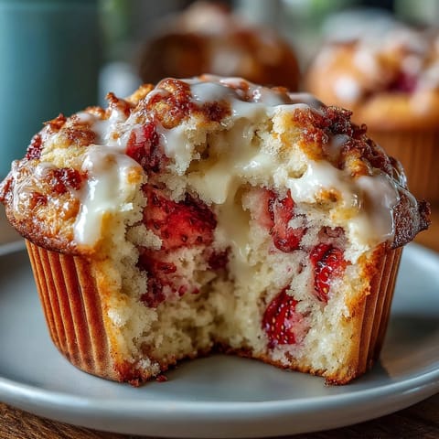 Moist, fluffy muffins filled with fresh strawberries and rich Greek yogurt, topped with a sparkling sugar crust for extra sweetness.  