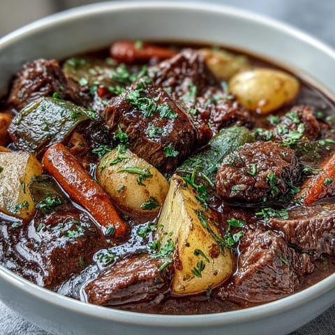 A steaming bowl of cozy beef stew with tender chunks of beef and colorful root vegetables in a savory broth.