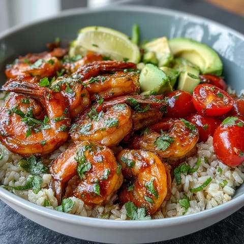 A colorful, healthy bowl of lemon garlic shrimp over brown rice with fresh vegetables and avocado.  