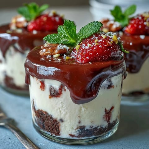 Elegant Dubai chocolate cheesecake cups topped with strawberries and dark chocolate drizzle for a stunning dessert.  