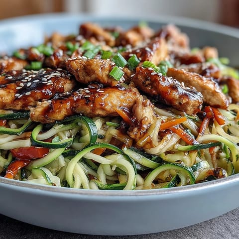 Healthy zucchini noodle stir fry with chicken in a vibrant, Asian-inspired sauce, packed with colorful vegetables and tender chicken.