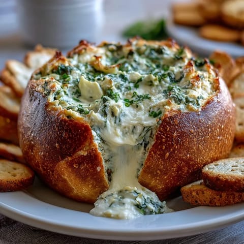 Festive spinach artichoke dip baked in a crusty sourdough bread bowl, topped with melted mozzarella for St. Patrick's Day.