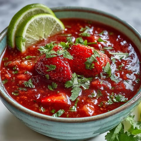Fresh strawberry salsa with lime and jalapeño in a white bowl, vibrant red strawberries mixed with green cilantro and diced onion, served with crispy tortilla chips on the side.