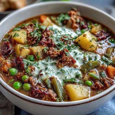 Shepherd's Pie Soup with Ground Beef and Veggies in a bowl, steaming with hearty chunks of beef, potatoes, and mixed vegetables in a savory broth.