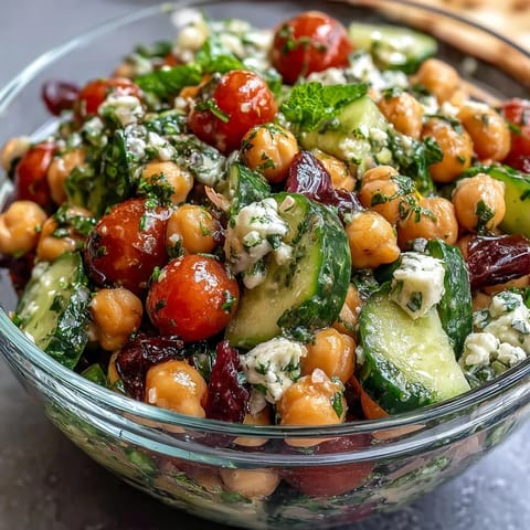Healthy Easy Cucumber Chickpea Salad with Lemon Vinaigrette, a vibrant and refreshing Mediterranean-inspired dish packed with crisp cucumbers, hearty chickpeas, and zesty lemon dressing.