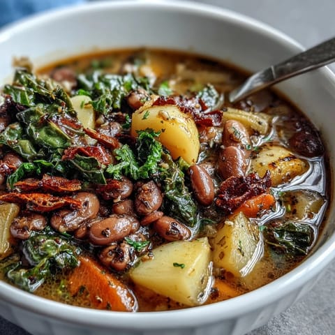 A steaming bowl of Soul Food Black-Eyed Pea and Collard Green Stew with tender greens and smoky broth.