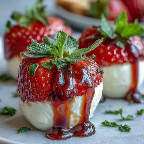 Fresh strawberry caprese skewers with mozzarella and basil, drizzled with tangy balsamic glaze, perfect for summer parties.  