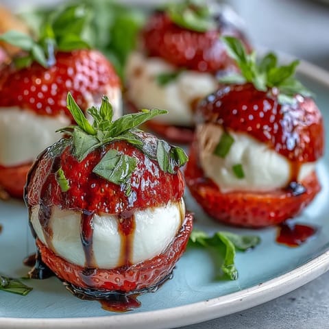 Colorful strawberry caprese skewers featuring sweet strawberries, creamy mozzarella, and fragrant basil, finished with a balsamic reduction.  