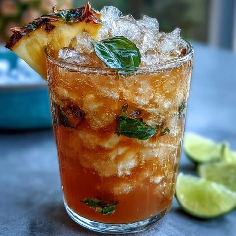 A vibrant glass of Pineapple Basil Agua Fresca with fresh basil and lime garnish, served over ice cubes.