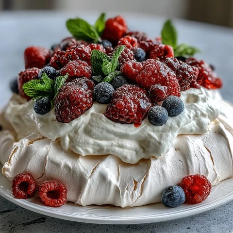 Mothers Day Pavlova with Mixed Berries: crisp meringue topped with whipped cream and vibrant fresh berries, perfect for spring celebrations.