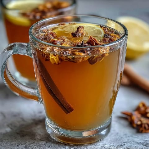 A steaming mug of dandelion root tea with ginger and turmeric, infused with warm spices and a hint of citrus.