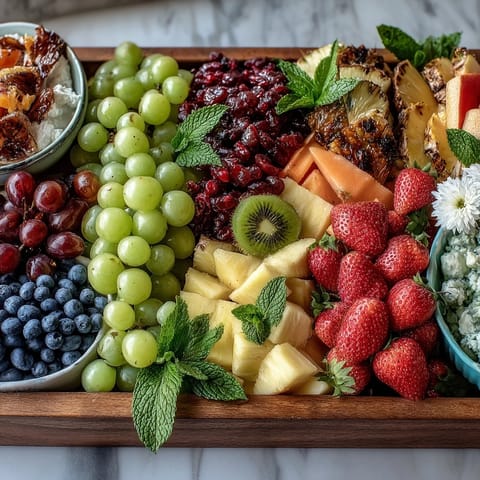 Vibrant fruit table with edible flowers, perfect for a grad party celebration and healthy snacking.