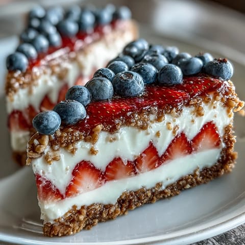 Vibrant no-bake cheesecake decorated with fresh berries to resemble the American flag, perfect for Fourth of July celebrations.