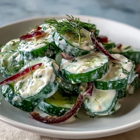 Creamy cucumber dill salad with crisp cucumbers and tangy dill dressing, perfect for summer picnics and barbecues.