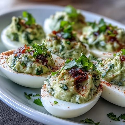 Creamy guacamole stuffed into classic deviled eggs, topped with smoked paprika and fresh cilantro for a zesty appetizer.