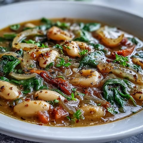 Hearty Tuscan white bean and spinach soup with tender vegetables in a savory broth, slow-cooked to perfection for a comforting meal.