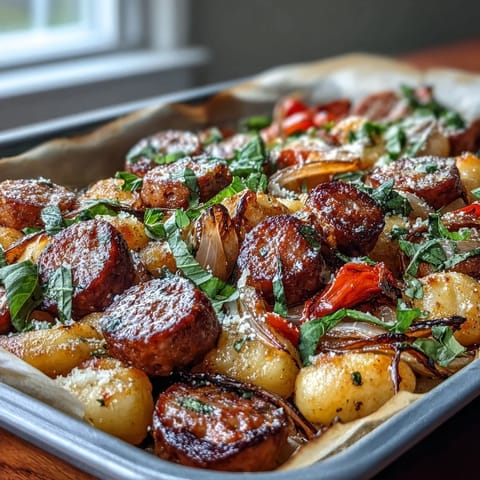 Golden sheet pan gnocchi with sausage and peppers, roasted until crispy and fragrant for a quick, satisfying dinner.  