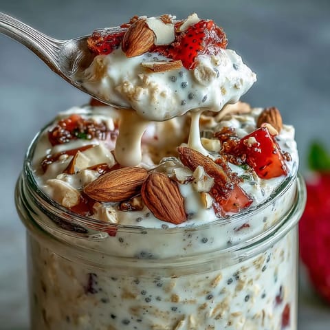 Creamy vanilla overnight oats with juicy strawberries, perfect for a quick and nutritious morning meal.