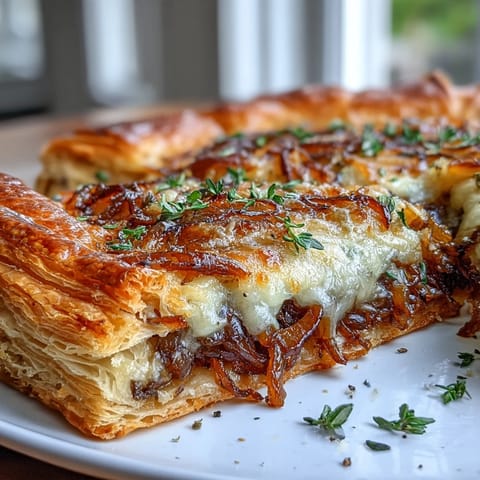 Golden caramelized onions and melted Gruyère cheese top a flaky puff pastry tart, garnished with fresh thyme for a savory French-inspired appetizer.  
